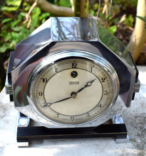 fig 1. Machine Age Modernist 1930's Art Deco Chrome Clock by Smiths