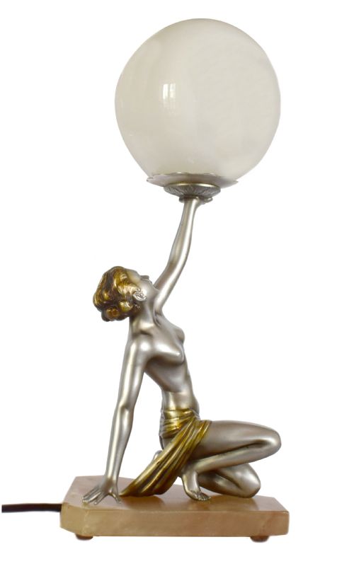 Original Art Deco Cold Painted Spelter Lady Figural Lamp by Lorenzl