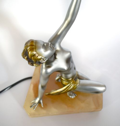 fig 1. Original Art Deco Cold Painted Spelter Lady Figural Lamp By Lorenzl