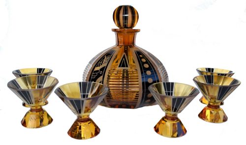 Art Deco Czech Glass Decanter Set and Glasses