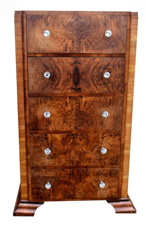 Art Deco Walnut Chest of Five Drawers, Circa 1930