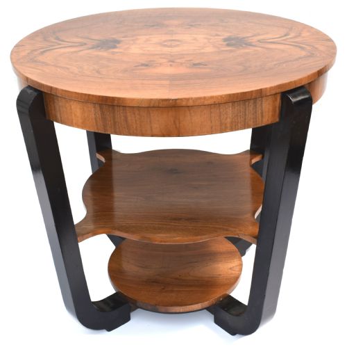 Art Deco Circular Walnut Occasional Three Tier Table, Circa 1930