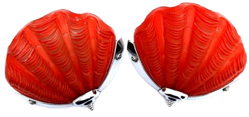 1930'S Art Deco Tomato Red Pair of Matching Shell Wall Lights