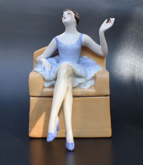 Rare Art Deco Ceramic Flapper Trinket Box by Fasold & Stauch, Circa 1930