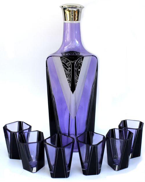 Art Deco Czech Glass Enamel Decanter Set