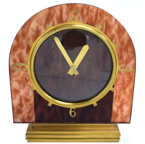 Art Deco Modernist Eight Day Mantle Clock Faux Tortoise Shell, Circa 1930'S