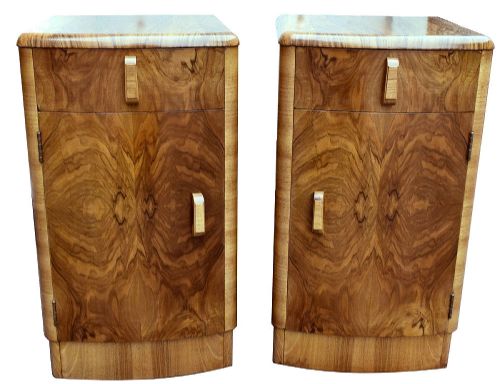 Art Deco Figured Walnut Matching Pair of Bedside Cabinets, Circa 1930