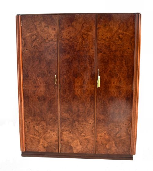 Art Deco Burl Walnut Triple Wardrobe, C1930