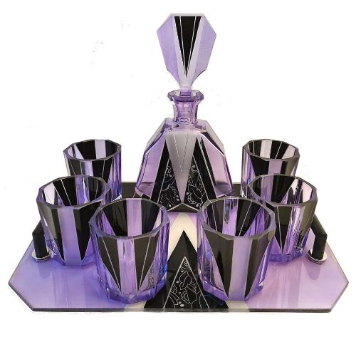 1930s Art Deco Czech Glass Enamel Whisky Decanter Set