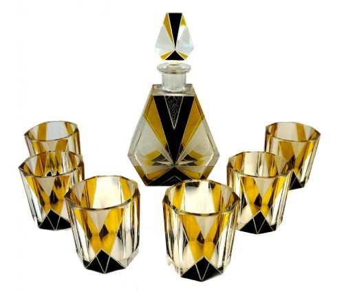 Art Deco Czech Enamel & Glass Decanter Set