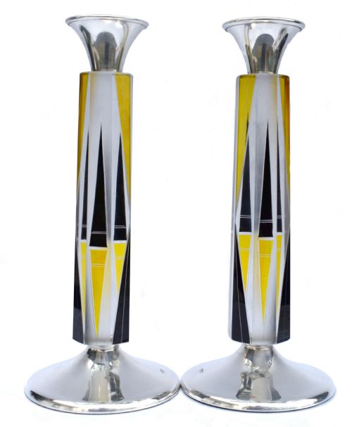 Art Deco Very Tall Matching Pair of Solid Silver & Glass Candlesticks Circa 1930
