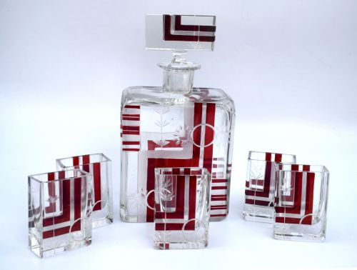 Art Deco 1930'S Czech Geometric Glass Decanter Set