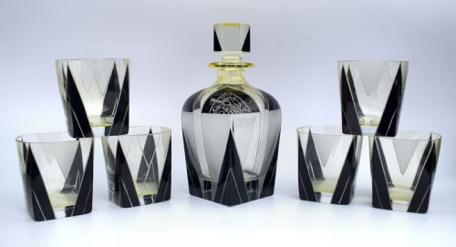 Art Deco 1930'S Czech Geometric Glass Decanter Set