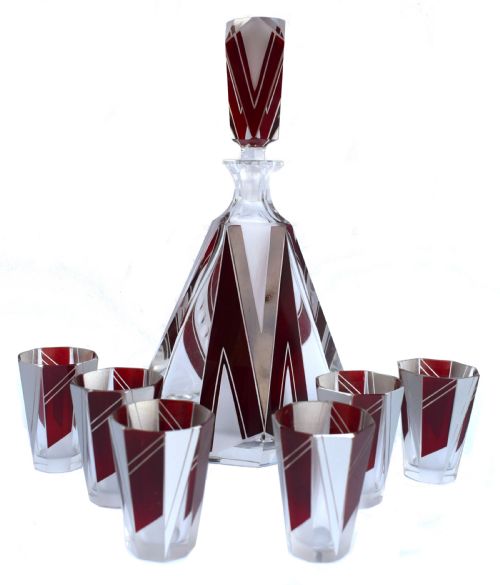 Art Deco Glass & Enamel Decanter Set, C1930