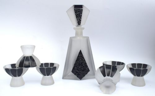 Art Deco Glass and Enamel Decanter Set, Circa 1930