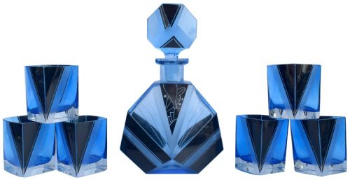 Art Deco Blue Glass Whisky Decanter Set, C1930