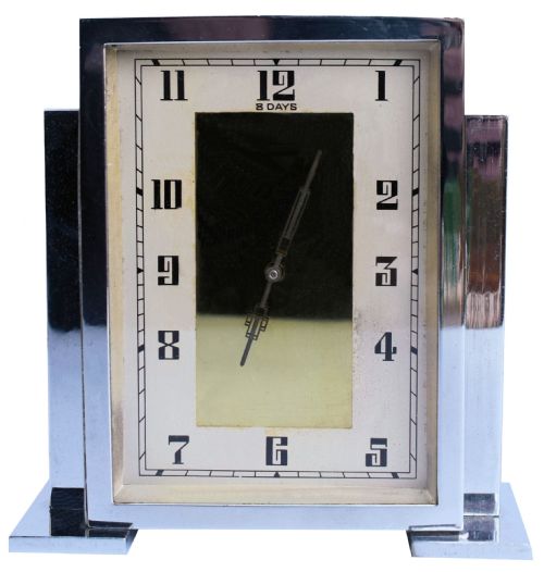 Art Deco Chrome English Mantle Clock, 8 Day, Circa 1930
