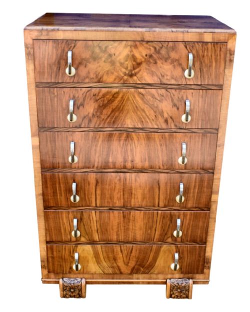 Art Deco Figured Walnut Chest of Six Drawers, 1930'S