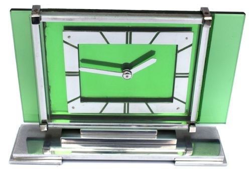 Art Deco 8 Day Green Glass and Chrome Mantle Clock by Ambec, 1930