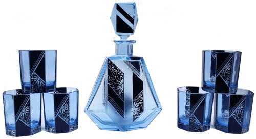 Art Deco Blue Glass Whisky Decanter Set, C1930