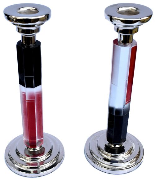 Art Deco Matching Pair of Nickel-silver & Glass Candlesticks, C1930