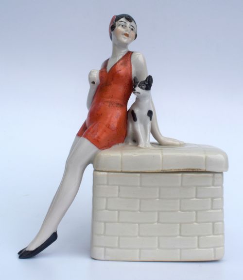 Rare Art Deco Ceramic Flapper Trinket Box, C1930