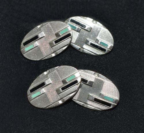 Art Deco Modernist Matching Pair of Enamel Gents Cufflinks, Circa 1930
