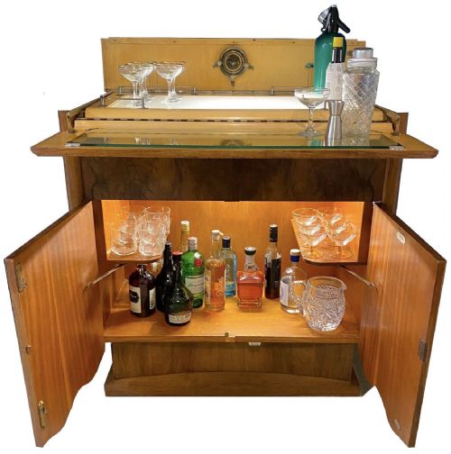 Art Deco Illuminated Walnut Cocktail Cabinet Bar