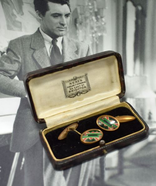 Art Deco Modernist Matching Pair of Enamel Gents Cufflinks, Circa 1930