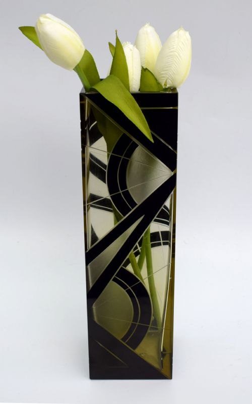 Art Deco Glass & Enamel Etched Vase