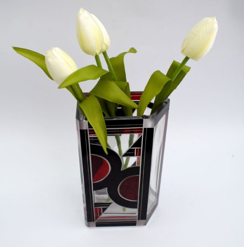 ART DECO GLASS AND ENAMEL VASE GEOMETRIC C1930'S - ADDITIONAL PHOTO 2