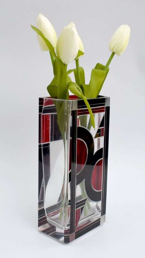 ART DECO GLASS AND ENAMEL VASE GEOMETRIC C1930'S - ADDITIONAL PHOTO 3