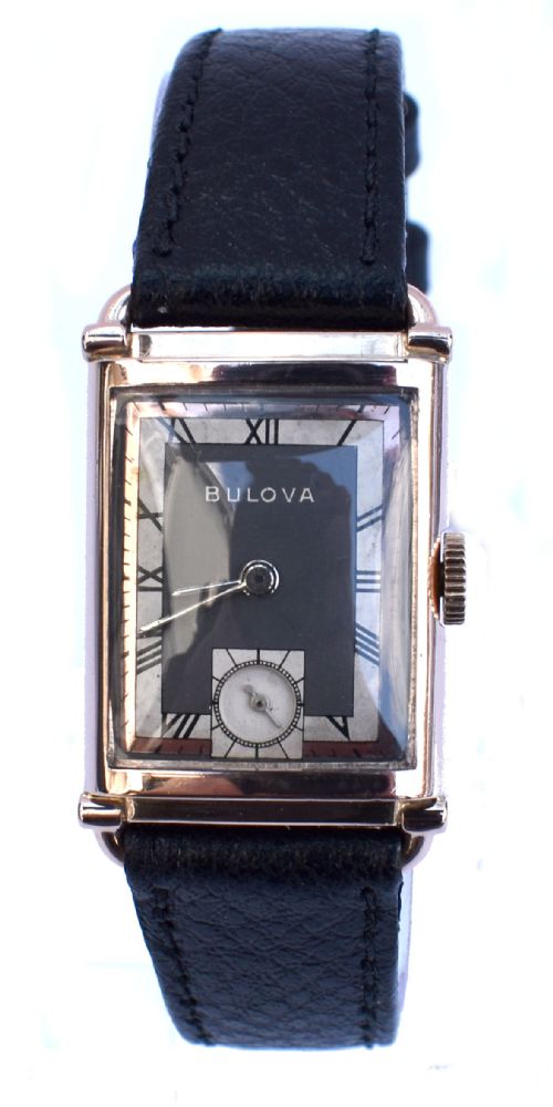 fig 1. Art Deco Gents President Wrist Watch 14k Rose GF, 21 Jewels, By BULOVA