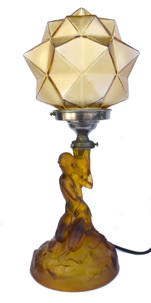 Art Deco Walther and Sohne Amber Glass Table Lamp, Circa 1930'S