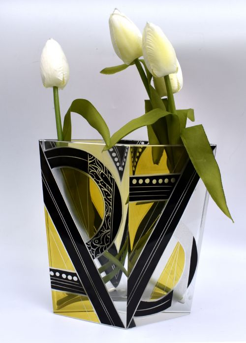 Art Deco Glass & Enamel Etched Vase