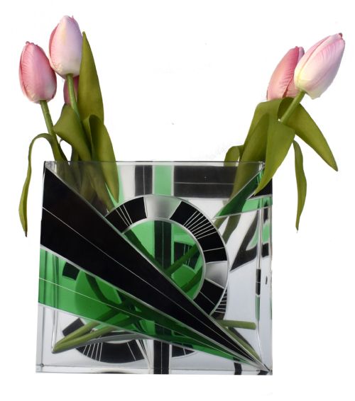Art Deco Glass & Enamel Etched Vase