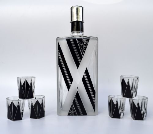 Art Deco Black Enamel Liquor Glass Set, C1930