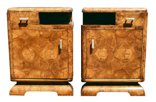 Art Deco Italian Pair of Matching Bedside Table Cabinets in Walnut, C1930