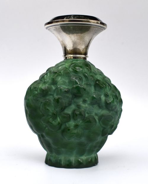 Art Deco Green Malachite Glass & Silver Perfume Bottle, C1930