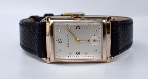 fig 1. Art Deco Bulova Gents Watch, 14k Rose GF, c1946