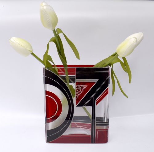 Art Deco Glass & Enamel Etched Vase