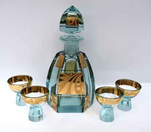 Art Deco Glass Decanter Set, Czech, C1930s
