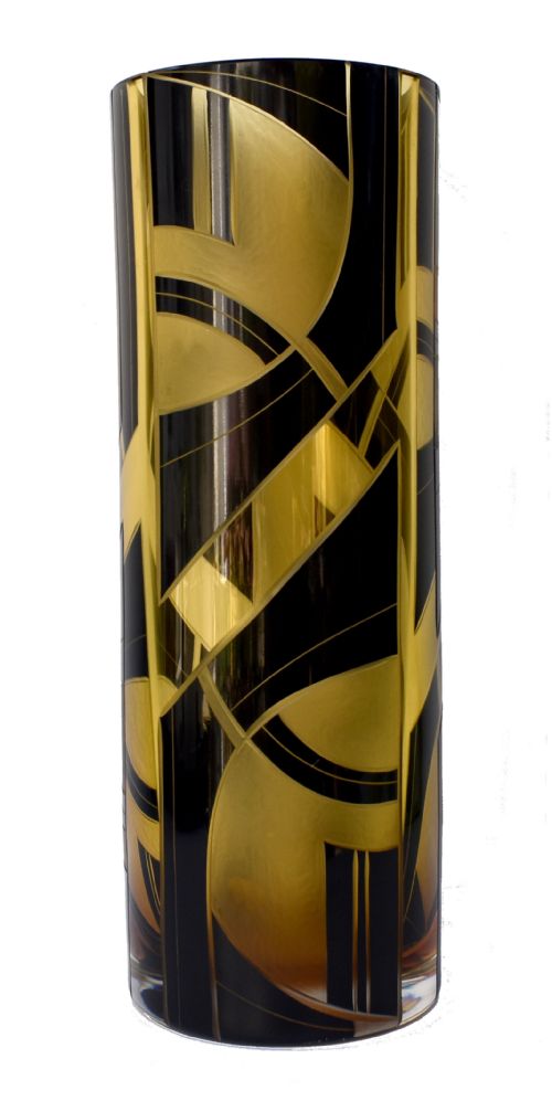 Art Deco Glass & Enamel Etched Vase