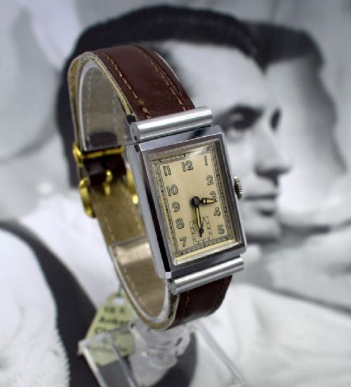 Art Deco Men’s Chrome Tank Manual Wristwatch, Never Used, Newly Serviced, 1930