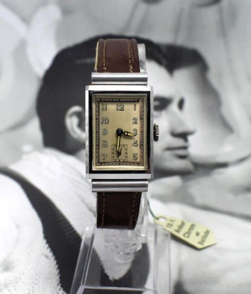 fig 1. Art Deco Men’s Chrome Tank Manual Wristwatch, Never Used, Newly Serviced, 1930