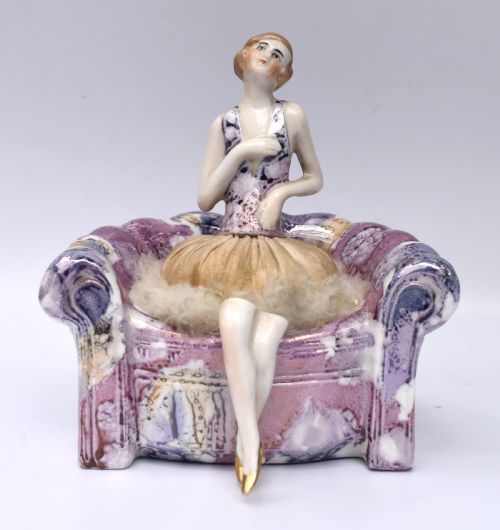 Art Deco Ceramic Flapper Powder Puff Stand, C1930