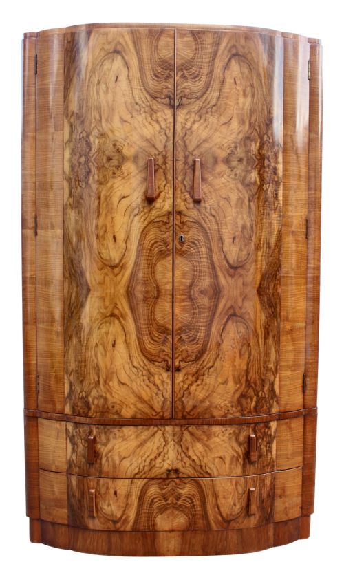 Art Deco Walnut Cloud Fronted Double Wardrobe, C1930