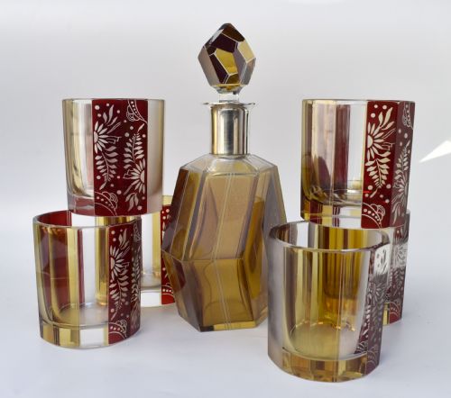 ART DECO CZECH GLASS DECANTER SET AND GLASSES C 1930 - ADDITIONAL PHOTO 3