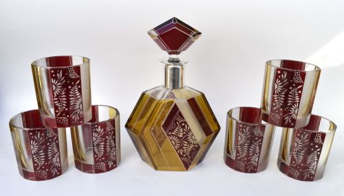 ART DECO CZECH GLASS DECANTER SET AND GLASSES C 1930 - ADDITIONAL PHOTO 10