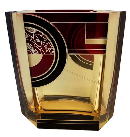 Art Deco Glass & Enamel Etched Vase